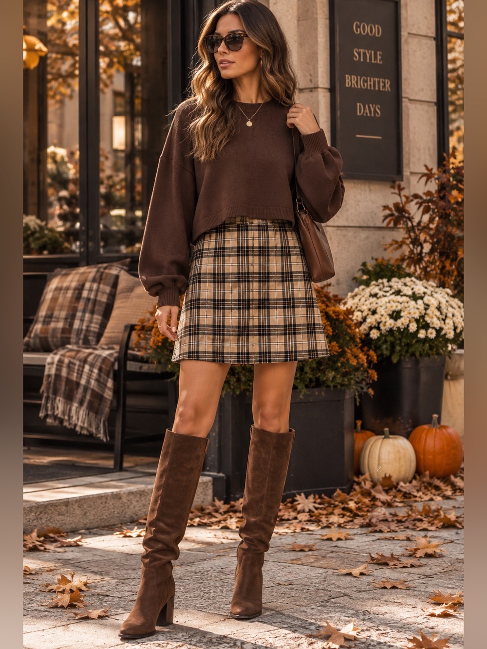 Plaid A-Line Mini Dress in Beige and Black - Picture 1 of 3